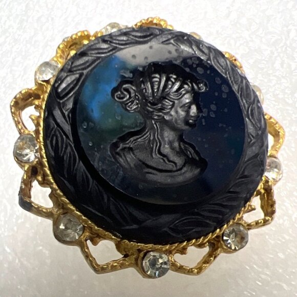 Vintage Robert Rose Cameo Clip-On Earrings Black Goldtone Filigree Rhinestone SE - Picture 2 of 11